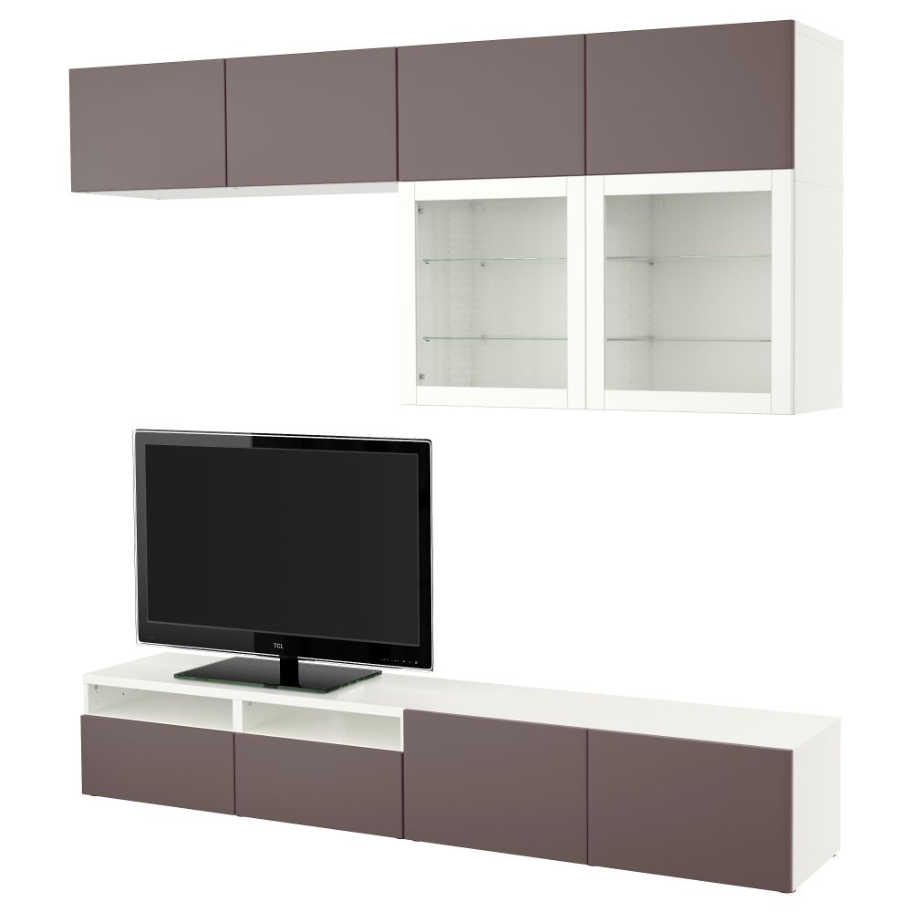 Шкаф для ТВ, комбинированный, стекляные дверцы БЕСТО, белый, Вальвикен темно-коричневый, прозрачное стекло (240x40x230 см) - фото 1