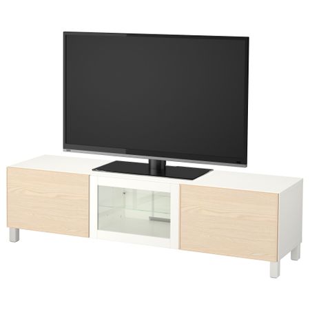 Тумба под ТВ с ящиками и дверцей БЕСТО, белый, Инвикен ясеневый шпон (180x40x48 см)