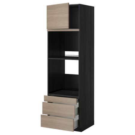 Высокий шкаф для духовки комбинированный, духовка + дверца, 3 ящика МЕТОД / ФОРВАРА, черный, Брокхульт светло-серый