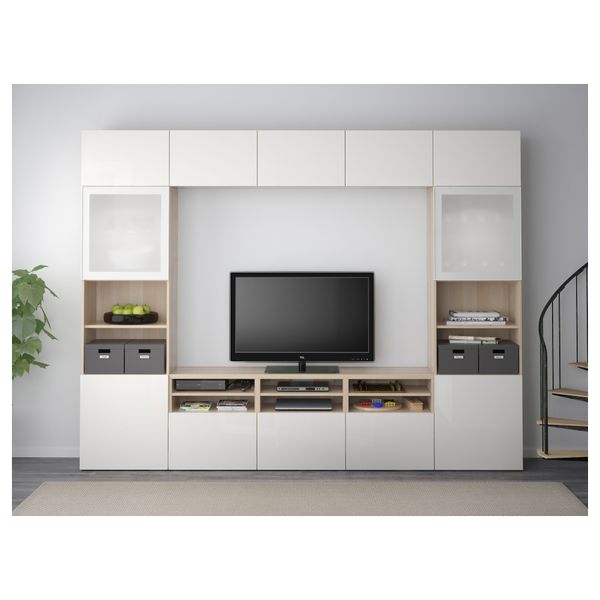 Шкаф для ТВ, комбинированный, стекляные дверцы БЕСТО, под беленый дуб, Сельсвикен глянцевый/белый прозрачное стекло (300x40x230 - фото 2