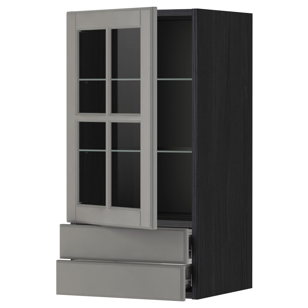 Навесной шкаф, стеклянная дверца, 2 ящика МЕТОД / ФОРВАРА, черный, Будбин серый - фото 1