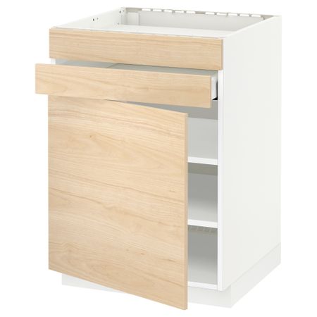 Напольный шкаф для варочной панели, доводчик, 2 фасада, 1 ящик МЕТОД / МАКСИМЕРА, белый, Аскерсунд ясень под светлый ясень