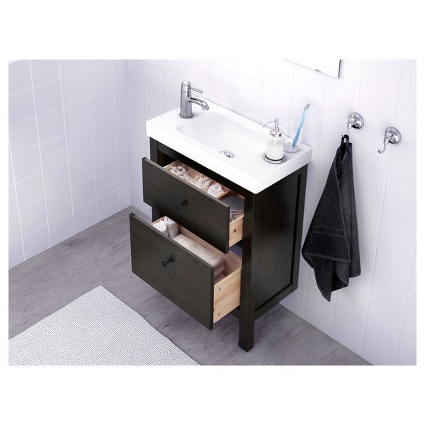 Шкаф для раковины с 2 ящиками ХЕМНЭС, морилка черно-коричнев - фото 2