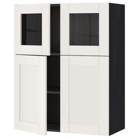Навесной шкаф, полки, 2 двери, 2 стеклянные дверцы МЕТОД, черный, Сэведаль белый (80x100 см)