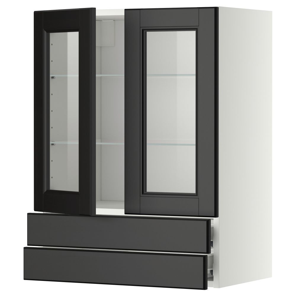 Навесной шкаф, 2 стеклянные дверцы, 2 ящика МЕТОД / ФОРВАРА, белый, Лаксарби черно-коричневый - фото 1