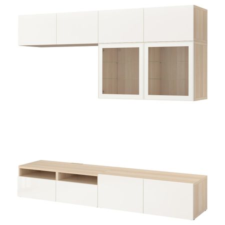 Шкаф для ТВ, комбинированный, стекляные дверцы, под беленый дуб/Сельсвикен глянцевый, белый прозрачное стекло 240x42x231 см IKEA