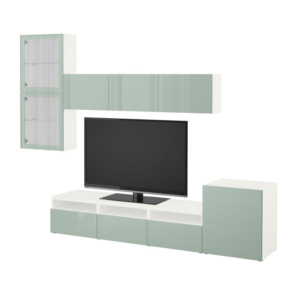 Шкаф для ТВ, комбинированный, стекляные дверцы БЕСТО, белый Сельсвикен, глянцевый/серо-зеленый светлый прозрачное стекло - фото 1