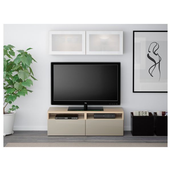 Шкаф для ТВ, комбинированный, стекляные дверцы БЕСТО, под беленый дуб, Сельсвикен глянцевый/бежевый матовое стекло - фото 2