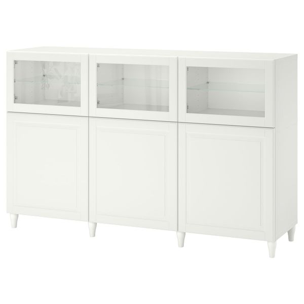 Комбинация для хранения с дверцами, белый/СМЕВИКЕН/КАББАРП белый прозрачное стекло 180x42x112 см IKEA BESTÅ БЕСТО 893.843.49 - фото 1