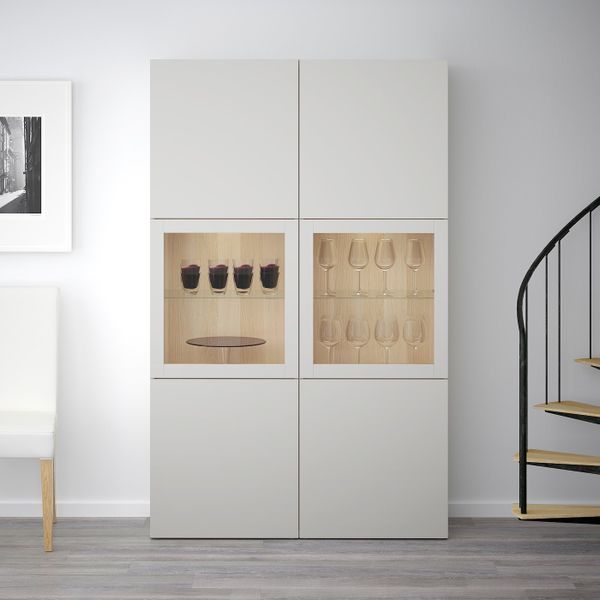 Комбинация для хранения + стеклянная дверц, под беленый дуб, Лаппвикен светло-серый прозрачное стекло, 120x40x192 см IKEA БЕСТО - фото 3