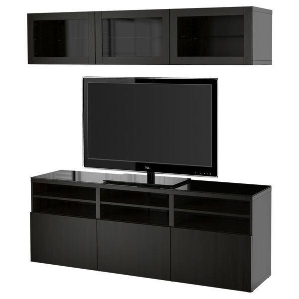 Шкаф для ТВ, комбинированный, стекляные дверцы БЕСТО, Лаппвикен, Синдвик черно-коричневый прозрачное стекло (180x40x192 см) - фото 1