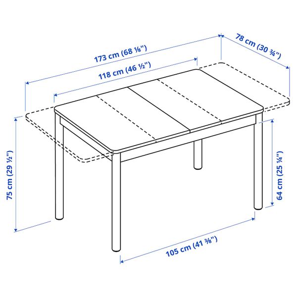Раздвижной стол, береза 118/173x78 см IKEA RÖNNINGE РЁННИНГЕ 605.074.64 - схема-чертеж с размерами