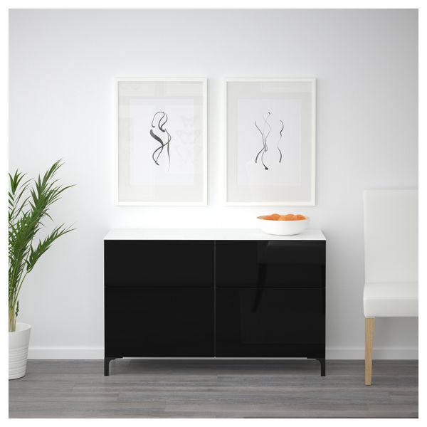 Комбинация для хранения с дверцами, ящиками БЕСТО, черно-коричневый, Сельсвикен глянцевый/черный (120x42x74 см) - схема-чертеж с размерами