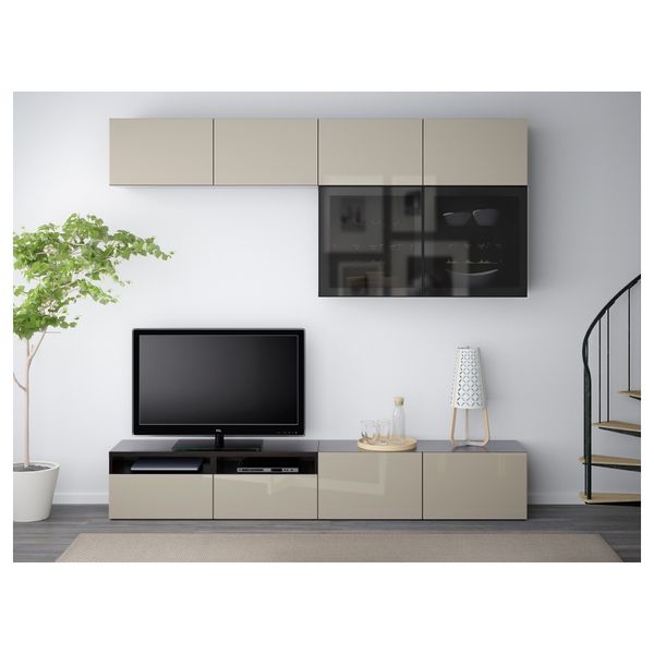 Шкаф для ТВ, комбинированный, стекляные дверцы БЕСТО, черно-коричневый, Сельсвикен глянцевый/бежевый/дымчатое стекло (240x40x230 - фото 2