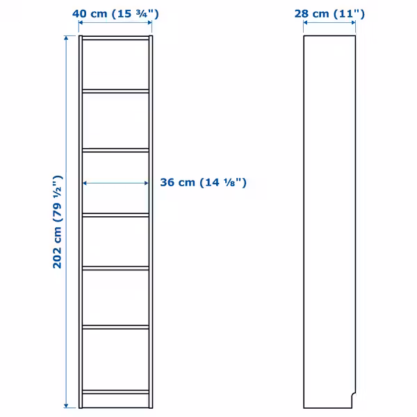 BILLY Стеллаж - белый 40x28x202 см - схема-чертеж с размерами