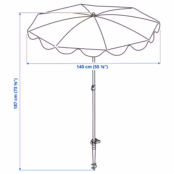 STRANDÖN СТРАНДЁН Зонт от солнца - ярко-оранжевый 140 см - схема-чертеж с размерами