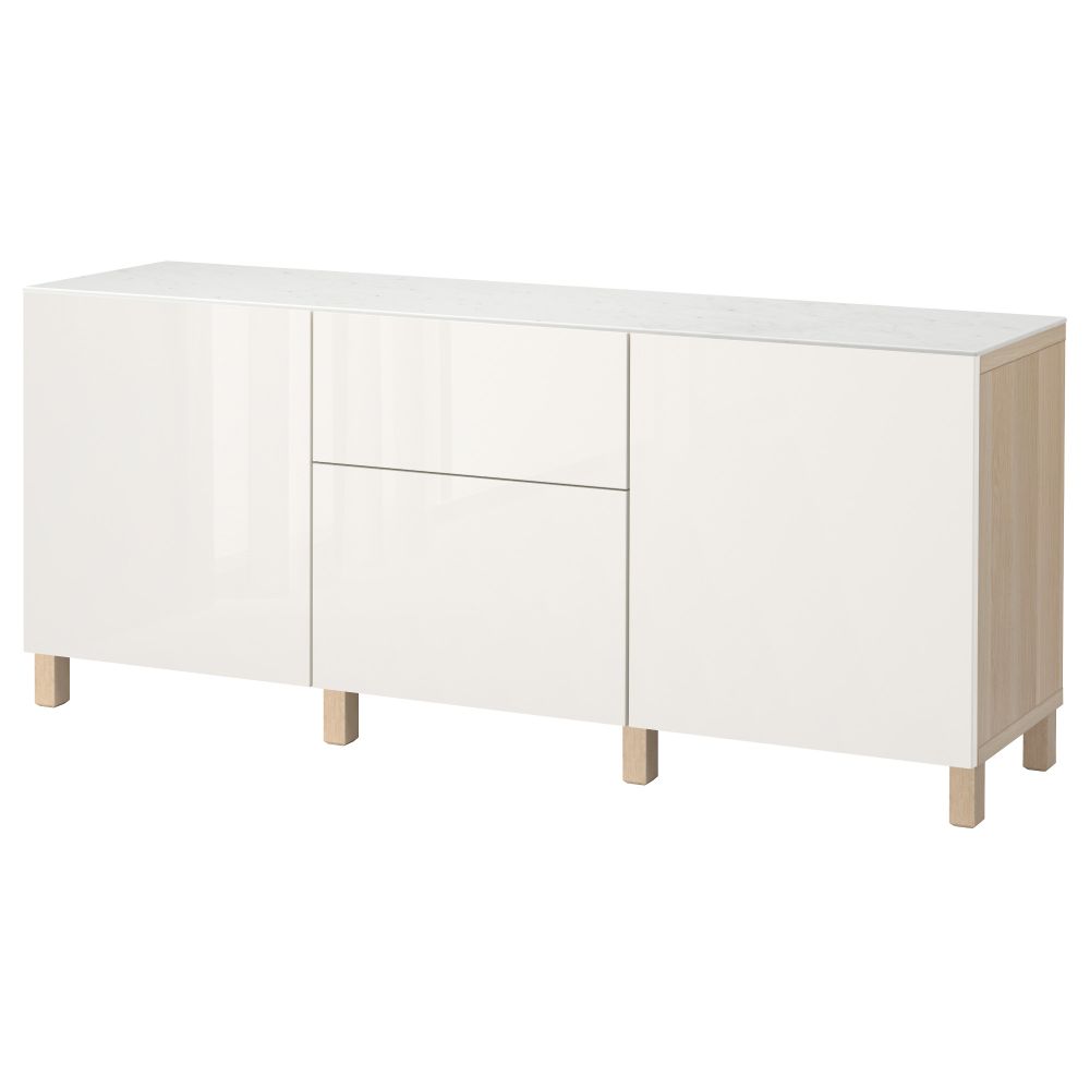 Комбинация для хранения с дверцами, ящиками БЕСТО, под беленый дуб, Сельсвикен глянцевый/белый (180x42x74 см) - фото 1