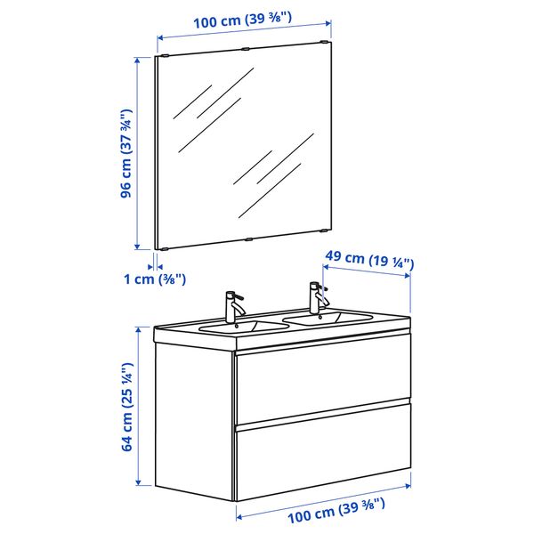 Комплект мебели для ванной, 5 предмета, 103 cm IKEA ODENSVIK ОДЕНСВИК, GODMORGON ГОДМОРГОН 193.324.72 - схема-чертеж с размерами
