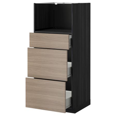 Высокий шкаф для СВЧ с 3 ящиками МЕТОД / ФОРВАРА, черный, Брокхульт светло-серый (60x60x140 см)