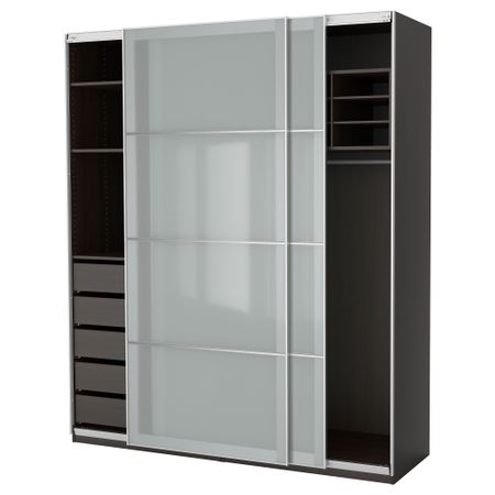 Гардероб ПАКС, черно-коричневый, Сэккен матовое стекло