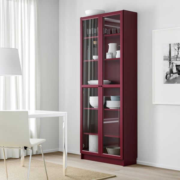 Шкаф книжный со стеклянными дверьми, темно-красный 80x30x202 см IKEA BILLY БИЛЛИ 203.856.19 - фото 3