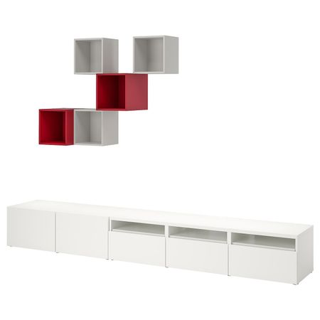 Комбинация для ТВ, белый/светло-серый, красный, 300x42x210 см IKEA БЕСТО / ЭКЕТ 892.868.67
