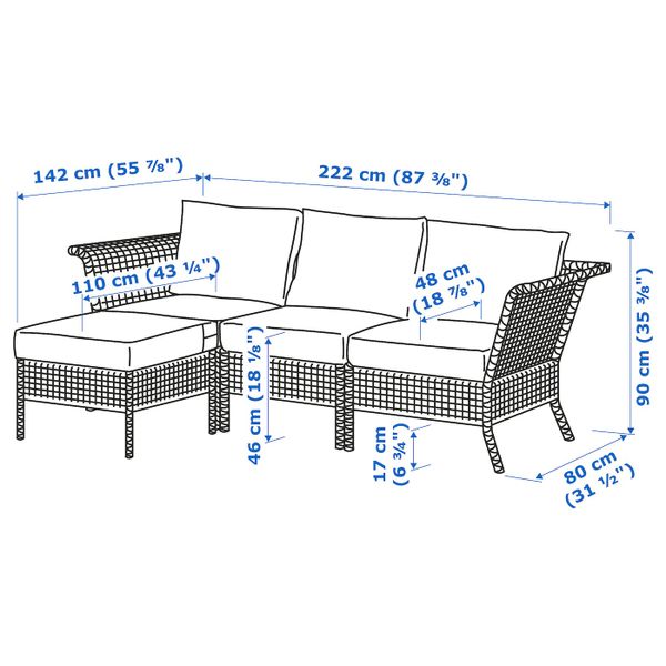3-местный модульный диван, садовый, черно-коричневый/ФРЁСЁН/ДУВХОЛЬМЕН бежевый IKEA KUNGSHOLMEN КУНГСХОЛЬМЕН 692.684.35 - схема-чертеж с размерами