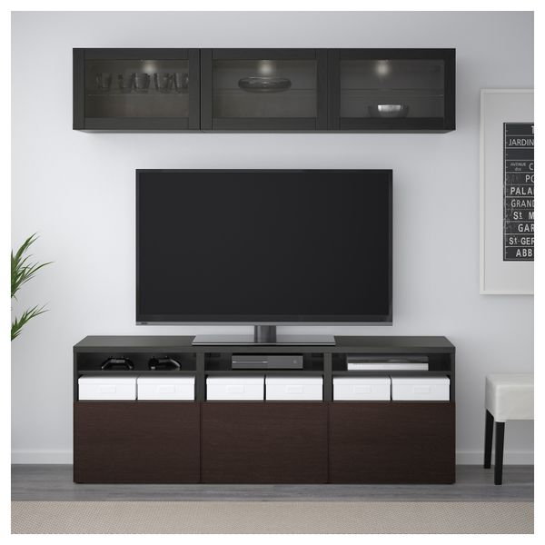 Шкаф для ТВ, комбинированный, стекляные дверцы БЕСТО, черно-коричневый Инвикен, Синдвик черно-коричневый прозрачное стекло - фото 2