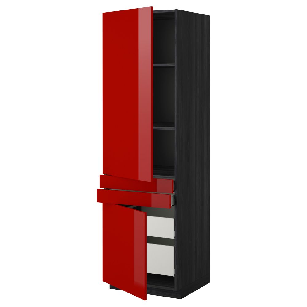Высокий шкаф + полки, 4 ящик, 2 двери, 2 фронтальные МЕТОД / МАКСИМЕРА, черный, Рингульт красный (60x60x200 см) - схема-чертеж с размерами