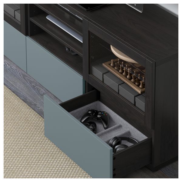 Шкаф для ТВ, комбинированный, стекляные дверцы БЕСТО, черно-коричневый, Вальвикен серо-бирюзовый, прозрачное стекло (240x40x230 - фото 3