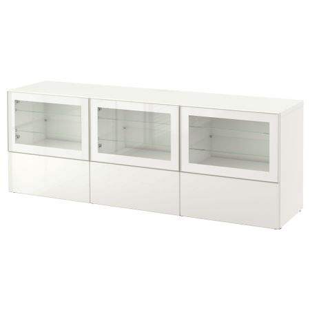 Тумба под ТВ, с дверцами и ящиками БЕСТО, белый, Сельсвикен глянцевый/белый прозрачное стекло (180x40x64 см)