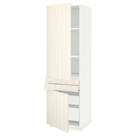 Высокий шкаф + полки, 4 ящик, 2 двери, 2 фронтальные МЕТОД / МАКСИМЕРА, белый, Хитарп белый с оттенком (60x60x200 см)