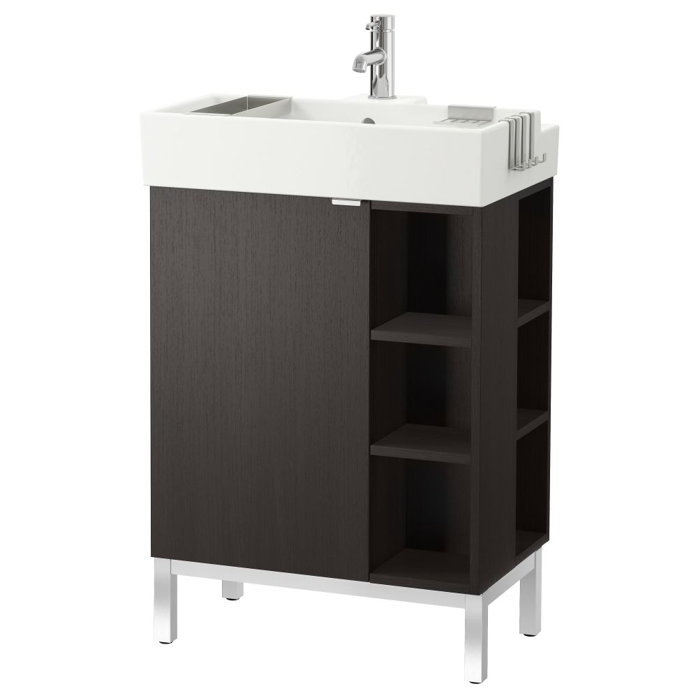 Шкаф под раковину с 1 дверцей, 2 открывающихся полки ЛИЛЛОНГЕН, черно-коричневый (60x41x92 см) - фото 1