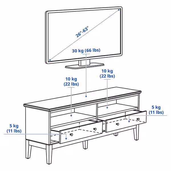 IDANÄS Тумба под ТВ - белый 162x40x63 см - схема-чертеж с размерами