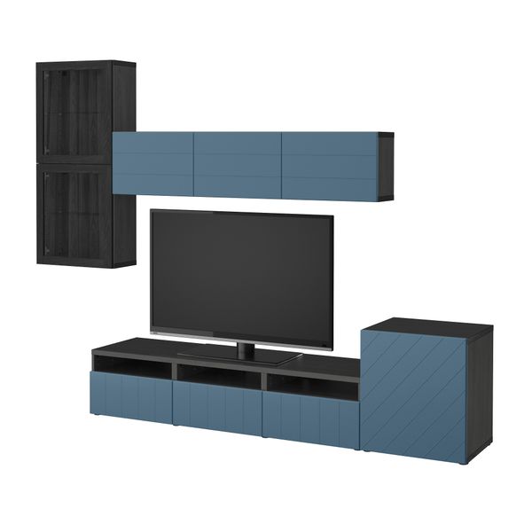 Шкаф для ТВ, комбинированный, стекляные дверцы БЕСТО, черно-коричневый Халлставик, темно-синий прозрачное стекло (300x20/40x211 - фото 1