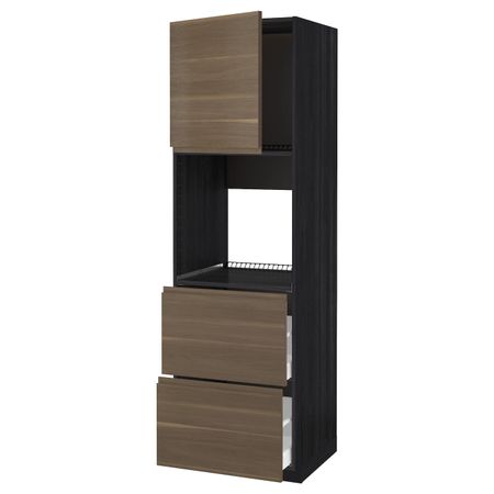 Высокий шкаф для духовки + дверца, 2 форнтальных, 2 высоких ящ, черный/Воксторп грецкий орех 60x60x200 см IKEA МЕТОД / МАКСИМЕРА
