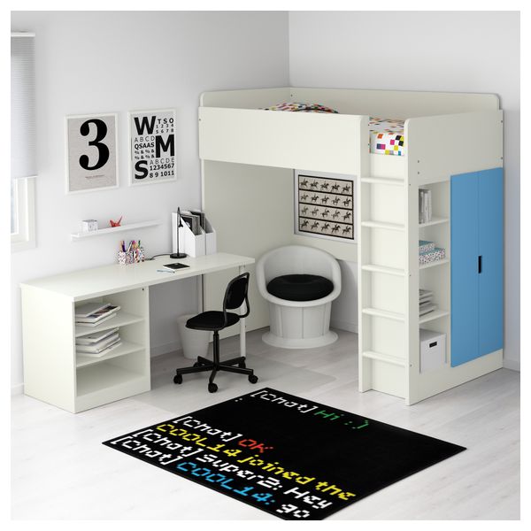 Кровать-чердак, 2 полки, 2 дверцы СТУВА, белый, синий (207x99x193 см) - фото 4