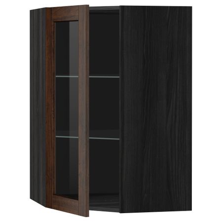 Угловой навесной шкаф с полками, стекляными дверцами МЕТОД, черный, Эдсерум коричневый