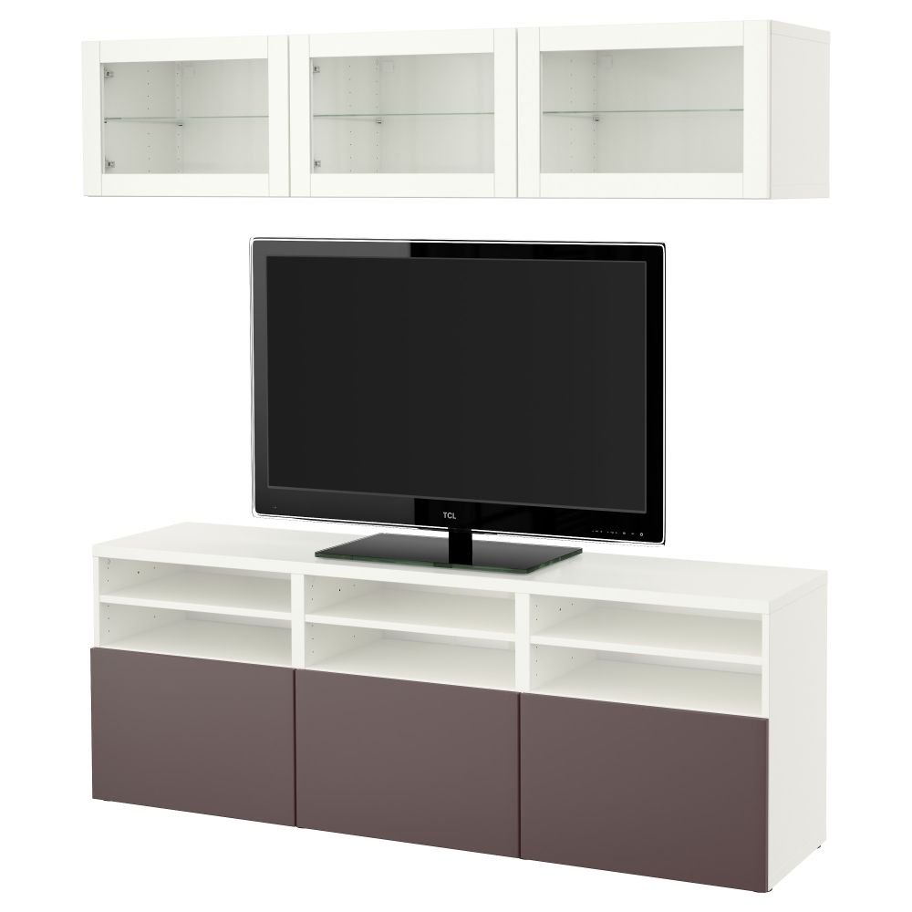 Шкаф для ТВ, комбинированный, стекляные дверцы БЕСТО, белый, Вальвикен темно-коричневый, прозрачное стекло (180x40x192 см) - фото 1