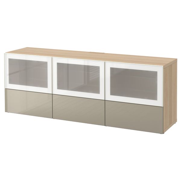 Тумба под ТВ, с дверцами и ящиками БЕСТО, под беленый дуб, Сельсвикен глянцевый/бежевый матовое стекло (180x40x64 см) - фото 1