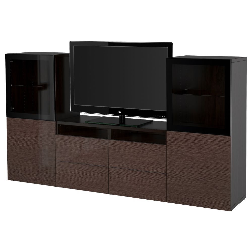 Шкаф для ТВ, комбинированный, стекляные дверцы БЕСТО, черно-коричневый, Сельсвикен глянцевый/коричневый прозрач стекло - фото 1