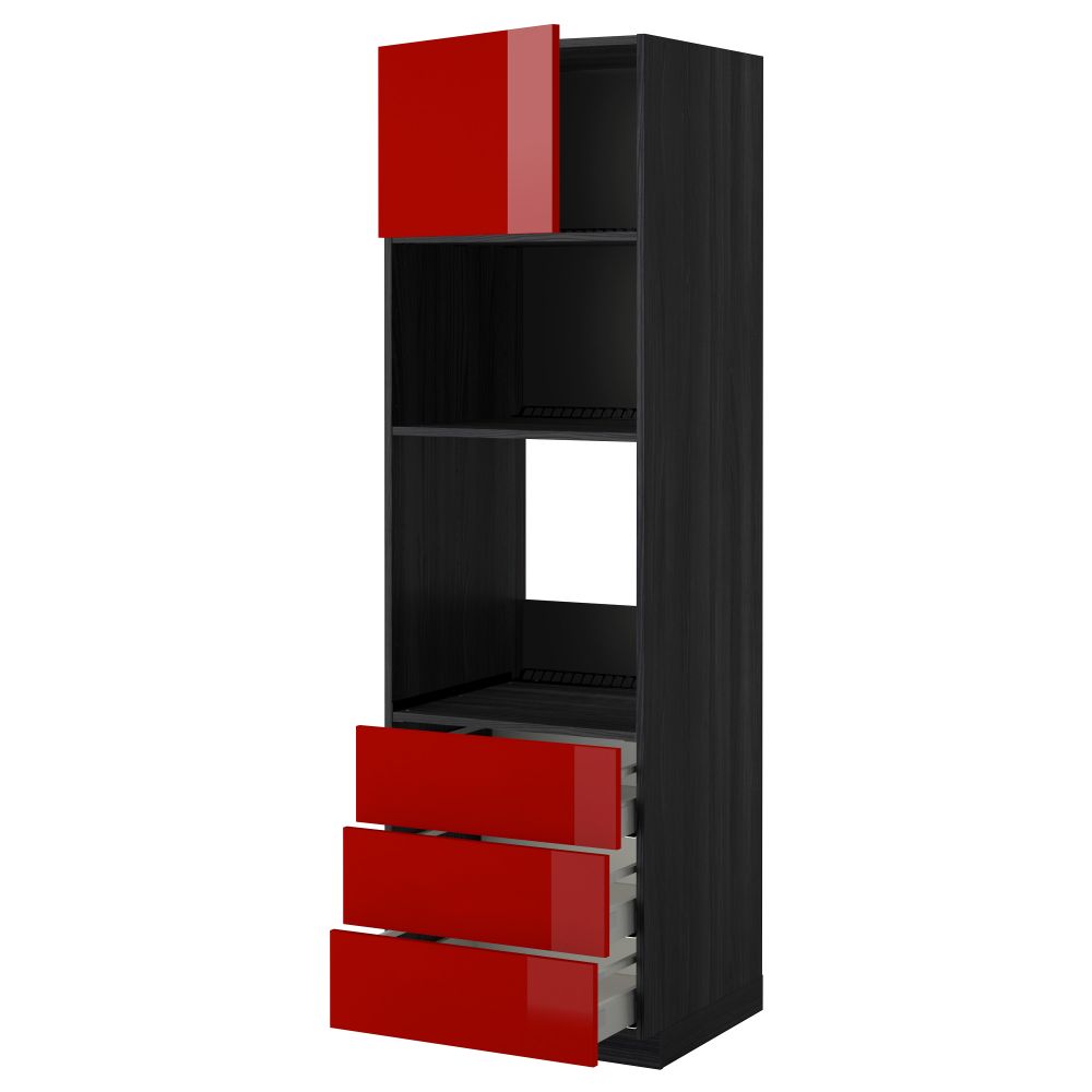 Высокий шкаф для духовки/СВЧ дверца, 3 ящика МЕТОД / МАКСИМЕРА, черный, Рингульт красный - схема-чертеж с размерами