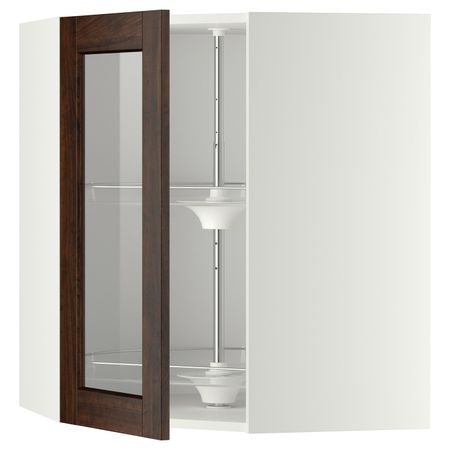 Угловой навесной шкаф с вращающейся секция, стеклянная дв, белый/Эдсерум коричневый 68x80 см IKEA METOD МЕТОД 092.264.10