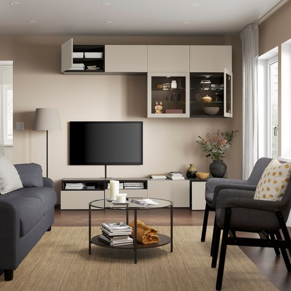 Комбинация для ТВ/стеклянные дверцы, черно-коричневый Синдвик/Лаппвикен светло-серый/бежевый 240x42x231 см IKEA BESTÅ БЕСТО - фото 2