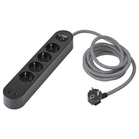 Удлинитель 4-местный, 2 USB-порта, черный-белый, текстиль, 3.0 м IKEA KOPPLA КОПЛА 204.642.54