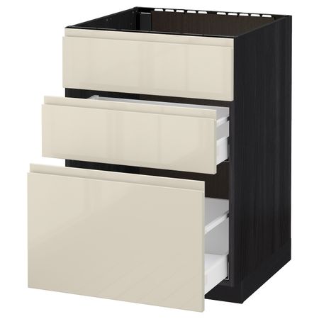 Напольный шкаф под мойку + 3 фронтальных панели/2ящ, черный, Воксторп глянцевый светло-бежевый 60x60 см IKEA МЕТОД 192.381.15