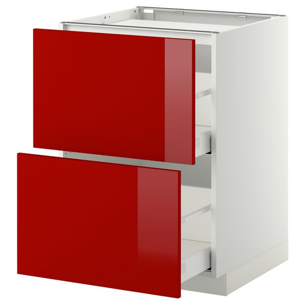 Напольный шкаф, 2 фронтальных панели, 3 ящика МЕТОД / МАКСИМЕРА, белый, Рингульт красный - схема-чертеж с размерами
