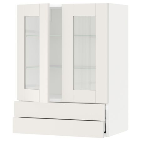 Навесной шкаф, 2 стеклянные дверцы, 2 ящика МЕТОД / МАКСИМЕРА, белый, Сэведаль белый