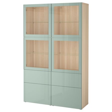 Комбинация для хранения со стеклянными дверцами БЕСТО, под беленый дуб Сельсвикен, глянцевый/серо-зеленый светлый прозрачное