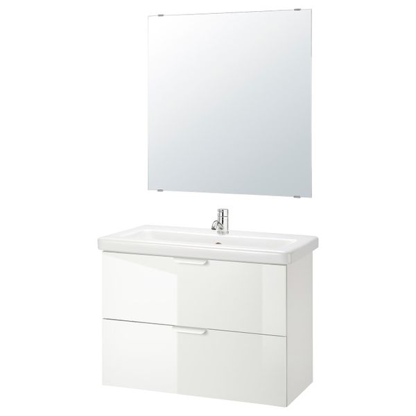 Комплект мебели для ванной, 6 предм., глянцевый белый/ПИЛКОН смеситель 84x43x65 см IKEA FISKÅN ФИСКОН / TVÄLLEN ТВЭЛЛЕН - фото 1